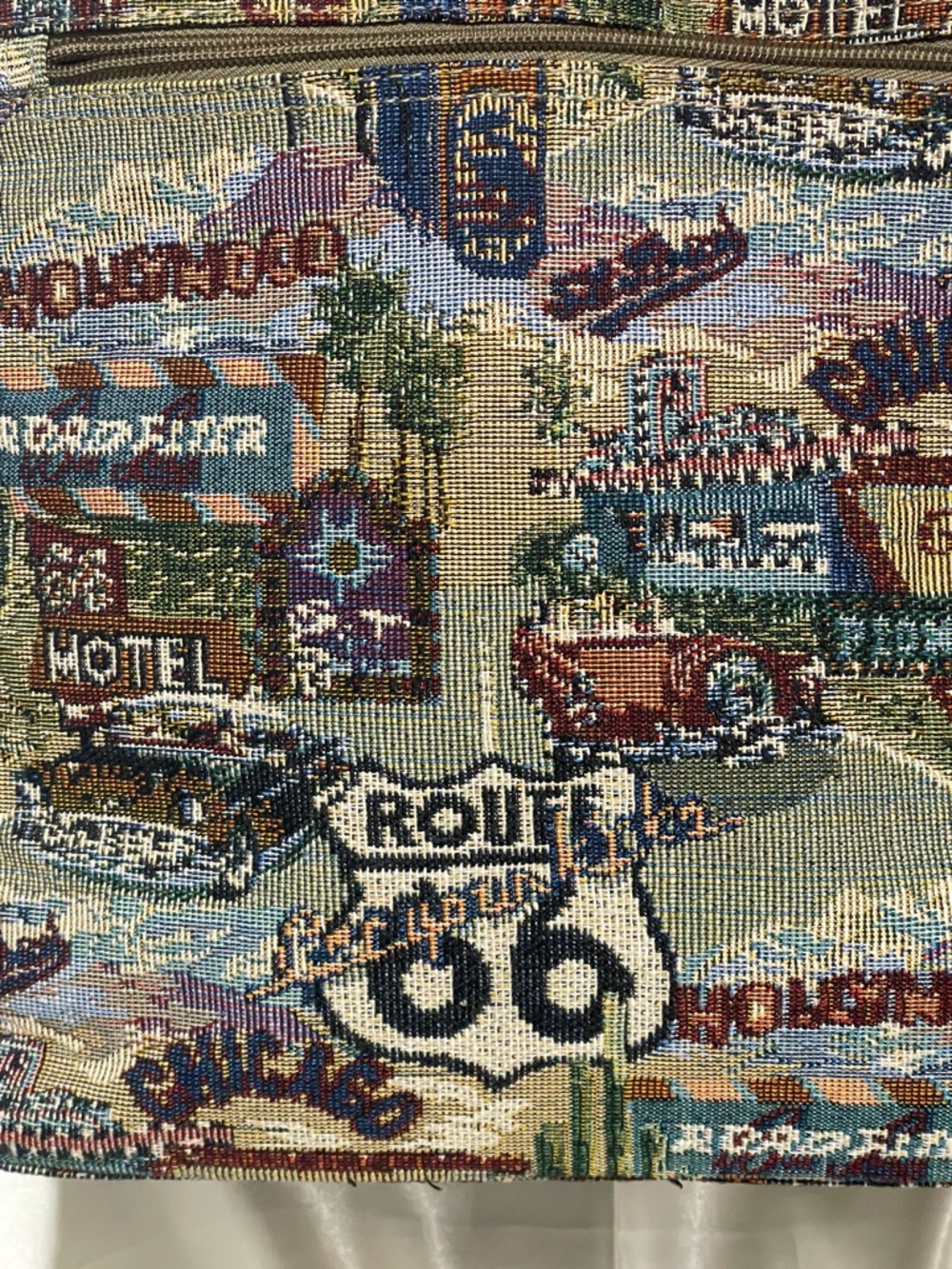 Iconic “Route 66”Americana Woven Tapestry Tote /Y2K Roads Trips Motif’s/JADE